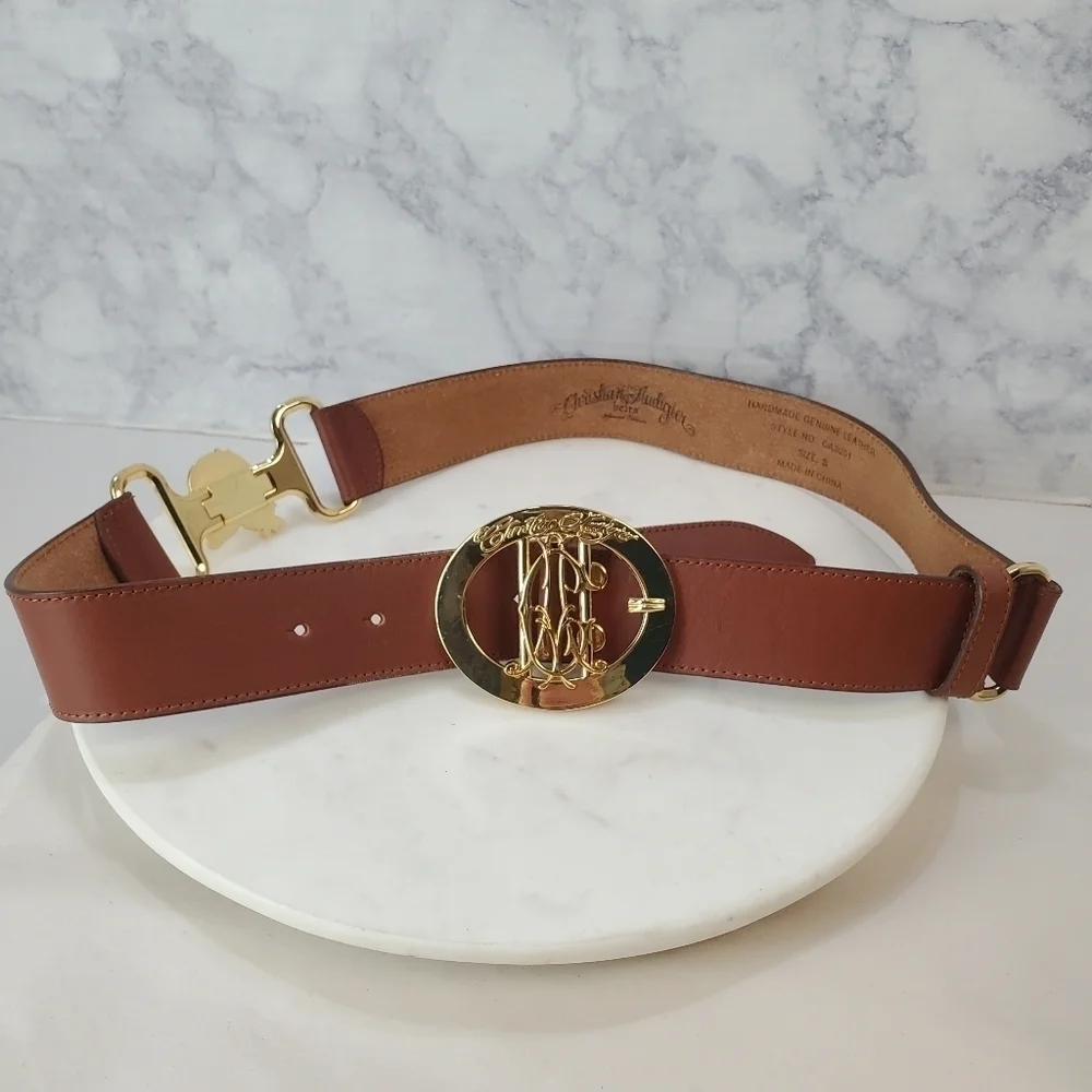 Christian Audigier Small Brown Leather Belt Skulls Roses Gold Halloween 90s Rare